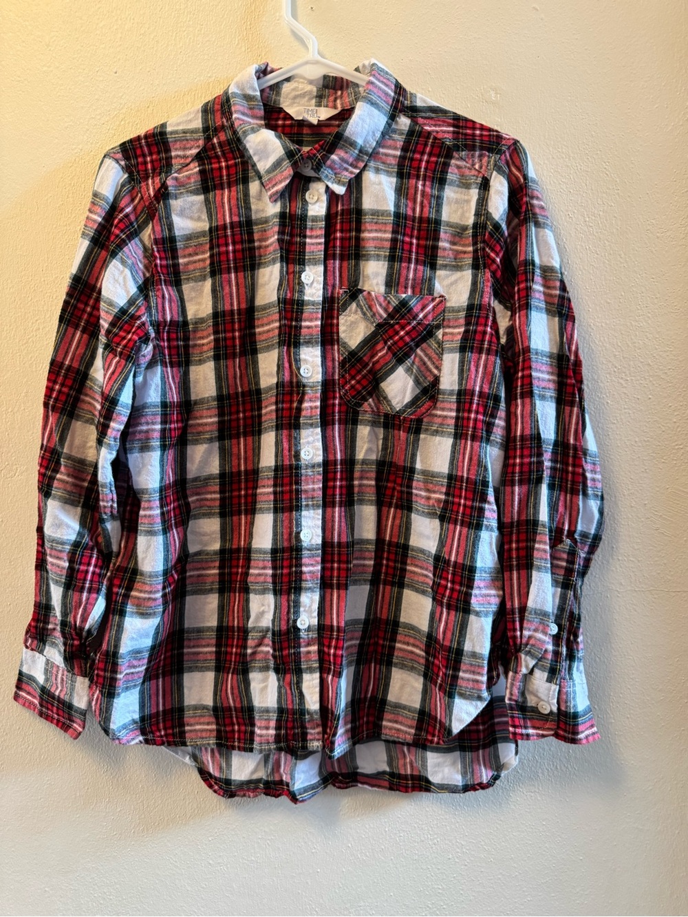 Time and Tru Red White Plaid Flannel Button Down Long Sleeve Size S (4-6)